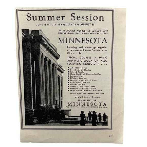 University of Minnesota Vintage Print Ad 1952 Summer Session Music Studies - Picture 1 of 3